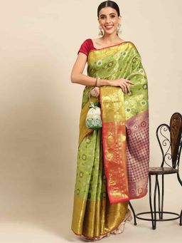 Silk Land - Womens Brocade Soft Silk Green Zari Woven Saree with Unstitched Blouse