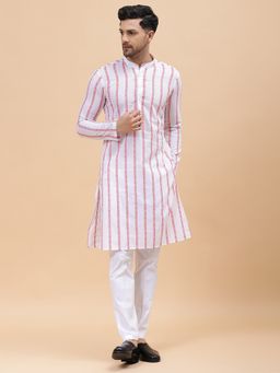 See Designs - Mens White & Pink Pure Cotton Embroidered Straight Kurta with Pyjama (Set of 2)