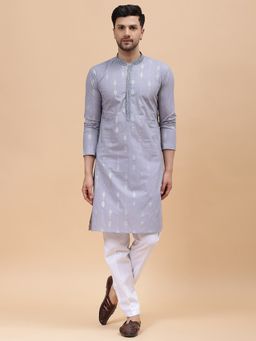 See Designs - Mens Grey & Blue Pure Cotton Embroidered Straight Kurta with Pyjama (Set of 2)