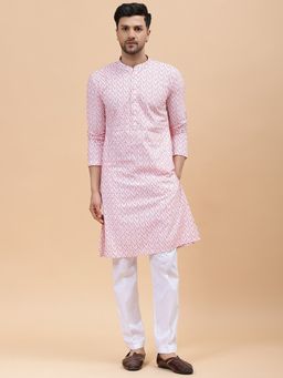See Designs - Mens White & Pink Pure Cotton Embroidered Straight Kurta with Pyjama (Set of 2)
