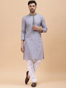 See Designs - Mens Grey & Gold Pure Cotton Embroidered Straight Kurta with Pyjama (Set of 2)