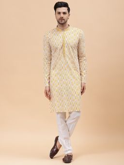See Designs - Mens White & Mustard Pure Cotton Embroidered Straight Kurta with Pyjama (Set of 2)