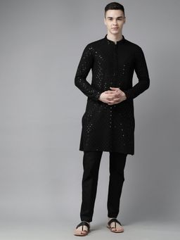 See Designs - Mens Black Floral Embroidered Sequined Rayon Kurta with Pyjama (Set of 2)