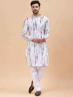 See Designs - Mens White & Grey Pure Cotton Printed Straight Kurta with Pyjama (Set of 2)