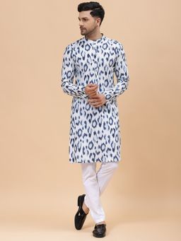 See Designs - Mens White & Blue Pure Cotton Printed Straight Kurta with Pyjama (Set of 2)