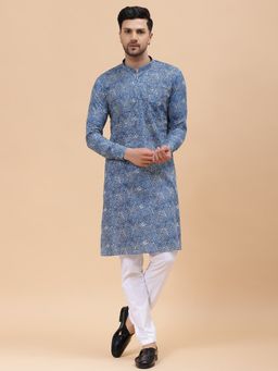See Designs - Mens Blue Pure Cotton Printed Straight Kurta with Pyjama (Set of 2)