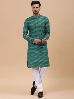 See Designs - Mens Green & White Pure Cotton Printed Straight Kurta with Pyjama (Set of 2)