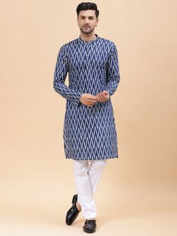 See Designs - Mens Navy Blue & White Pure Cotton Printed Straight Kurta with Pyjama (Set of 2)
