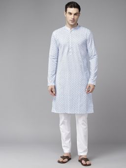 See Designs - Mens White & Grey Pure Cotton Embroidered Straight Kurta with Pyjama (Set of 2)