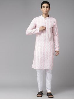 See Designs - Mens White & Pink Pure Cotton Embroidered Straight Kurta with Pyjama (Set of 2)