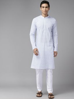 See Designs - Mens White & Blue Pure Cotton Embroidered Straight Kurta with Pyjama (Set of 2)