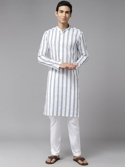 See Designs - Mens White & Blue Pure Cotton Embroidered Straight Kurta with Pyjama (Set of 2)