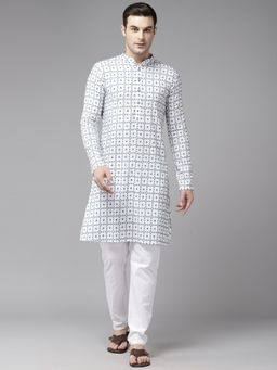 See Designs - Mens White & Blue Pure Cotton Embroidered Straight Kurta with Pyjama (Set of 2)