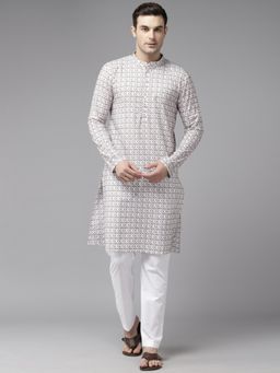 See Designs - Mens Off White & Brown Cotton Embroidered Straight Kurta with Pyjama (Set of 2)