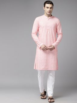 See Designs - Mens White & Pink Pure Cotton Embroidered Straight Kurta with Pyjama (Set of 2)