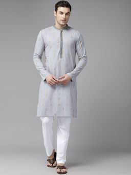 See Designs - Mens Grey & Gold Pure Cotton Embroidered Straight Kurta with Pyjama (Set of 2)