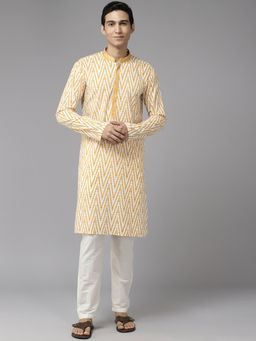 See Designs - Mens White & Mustard Pure Cotton Embroidered Straight Kurta with Pyjama (Set of 2)