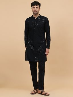 See Designs - Mens Black Floral Embroidered Sequined Rayon Kurta with Black Pyjama (Set of 2)
