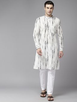 See Designs - Mens White & Grey Pure Cotton Printed Straight Kurta with Pyjama (Set of 2)