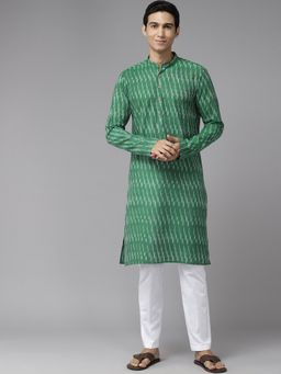 See Designs - Mens Green & White Pure Cotton Printed Straight Kurta with Pyjama (Set of 2)
