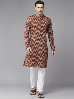 See Designs - Mens Maroon & White Pure Cotton Printed Straight Kurta with Pyjama (Set of 2)