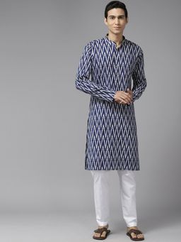See Designs - Mens Navy Blue & White Pure Cotton Printed Straight Kurta with Pyjama (Set of 2)