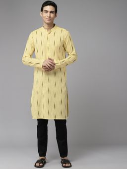 See Designs - Mens Yellow & Green Pure Cotton Printed Straight Kurta with Pyjama (Set of 2)