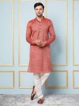 See Designs - Mens Red & Gold Woven Design Thread Work Kurta with Pyjama (Set of 2)