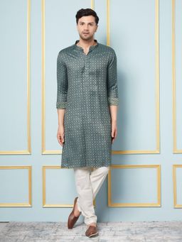 See Designs - Mens Blue Woven Design Thread Work Kurta with Pyjama (Set of 2)