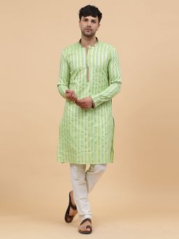 See Designs - Mens Lime Green Silk Woven Design Straight Kurta with Pyjama (Set of 2)