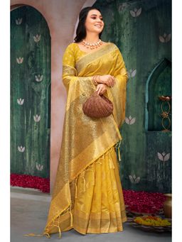 Sangam Prints - Yellow Organza Woven Zari Work Traditional Tassel Saree with Unstitched Blouse