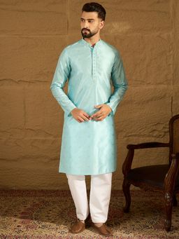 ETHNIC BAY - Men's Blue Silk Blend Woven Design Straight Kurta