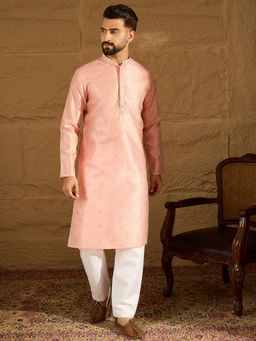 ETHNIC BAY - Men's Peach Polyester Embroidered Straight Kurta