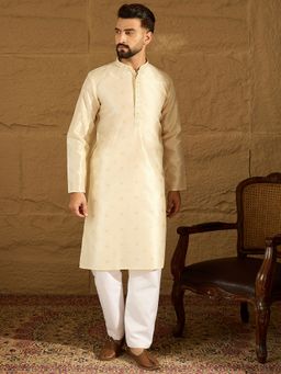 ETHNIC BAY - Men's Off White Silk Blend Woven Design Straight Kurta