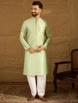 ETHNIC BAY - Men's Green Silk Blend Woven Design Straight Kurta