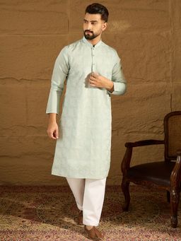 ETHNIC BAY - Men's Blue Silk Blend Embroidered Straight Kurta