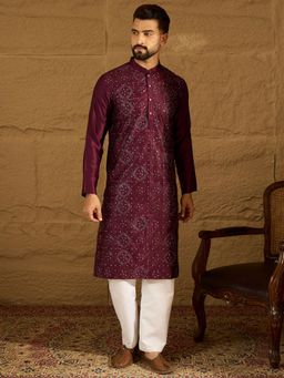 ETHNIC BAY - Men's Purple Silk Blend Embroidered Straight Kurta
