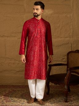 ETHNIC BAY - Men's Maroon Silk Blend Embroidered Straight Kurta