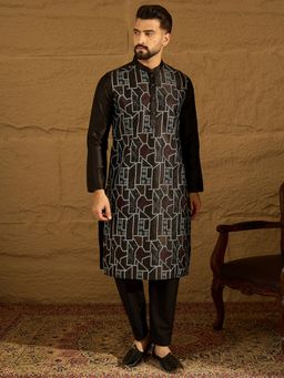 ETHNIC BAY - Men's Black Silk Blend Embroidered Straight Kurta