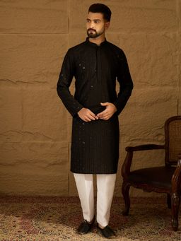 ETHNIC BAY - Men's Black Viscose Rayon Embroidered Straight Kurta