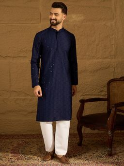 ETHNIC BAY - Men's Navy Blue Viscose Rayon Embroidered Straight Kurta