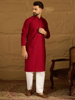ETHNIC BAY - Men's Maroon Viscose Rayon Embroidered Straight Kurta