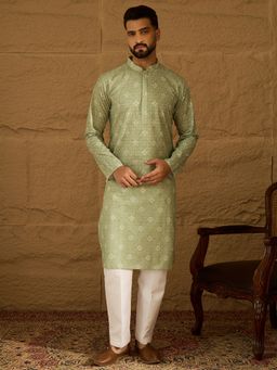 ETHNIC BAY - Men's Green Viscose Rayon Bandhani Embroidered Straight Kurta