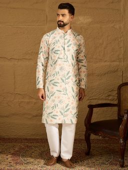 ETHNIC BAY - Men's White Viscose Rayon Floral Embroidered Straight Kurta