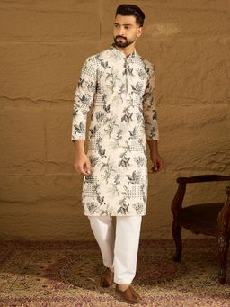 ETHNIC BAY - Men's Cream Viscose Rayon Floral Printed Straight Kurta