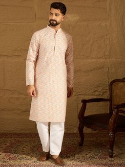 ETHNIC BAY - Men's Orange Viscose Rayon Printed Straight Kurta