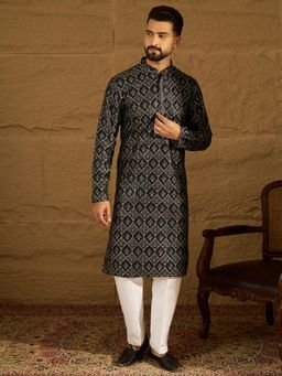 ETHNIC BAY - Men's Black Viscose Rayon Printed Straight Kurta