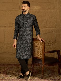 ETHNIC BAY - Men's Black Cotton Embroidered Straight Kurta