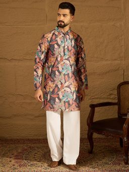 ETHNIC BAY - Men's Grey Silk Blend Floral Straight Kurta