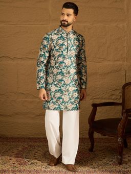 ETHNIC BAY - Men's Teal Silk Blend Floral Straight Kurta